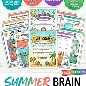 Op de afbeelding: Een kleurrijk werkboek getiteld "Summer Brain Boost Workbook" voor groep 3, met diverse educatieve activiteiten. De afbeelding bevat pagina's met tekst, illustraties en kleurpotloden, die vroeg schrijven, probleemoplossing en creatief denken bevorderen.