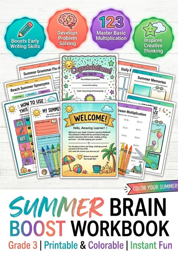50+ Pages Grade 3 Summer Workbook, Summer Activity Book,3rd Grade Printable Worksheets, Summer Learning Packet,Reading Math Writing Game