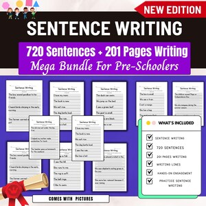 Könnte beinhalten: Ein Bundle mit Arbeitsblättern zum Satzschreiben für Vorschulkinder. Das Bild zeigt ein lila Banner mit dem Text "720 Sätze + 201 Seiten Schreiben". Die Arbeitsblätter beinhalten Schreiblinien und praktische Übungen. Das Bundle kommt mit Bildern.