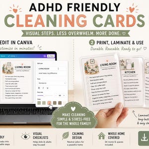 Puede incluir: Un conjunto de 34 tarjetas de limpieza adaptadas al TDAH con 148 tarjetas de tareas. La imagen muestra un portátil con una interfaz de edición de Canva para una lista de salón junto a tarjetas impresas y plastificadas para cocina y baño.