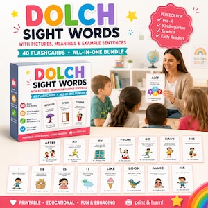 May include: A set of Dolch Sight Words educational flashcards in a box, featuring 40 cards with illustrations, definitions, and example sentences. The cards display words like After, As, By, From, Go, Have, His, I, In, Is, It, Like, Look, Make, and Me.