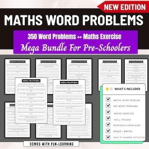 May include: A bundle of educational materials for pre-schoolers, featuring "MATHS WORD PROBLEMS." The image includes worksheets with math exercises and word problems, along with a list of included features such as "350 WORD PROBLEMS" and "GRADE I MATHS."