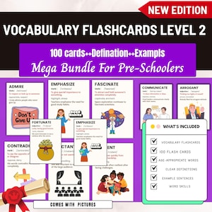 Utskrivbara ordförrådskort för barn, ordbyggarpaket för nivå 2, lärresurs från 10 år, engelskt ordförråd, stavningsövning, inlärningsaktivitet