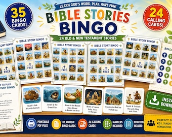 Bible Stories Bingo Game Printable,Christian Bingo for Kids,Sunday School Activity, Bible Bingo Cards,Homeschool Bible Game,Church Printable