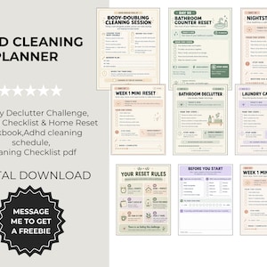Op de afbeelding: Een digitale ADHD-schoonmaakplanner met meerdere pagina's met checklists, taaktrackers en resetregels. De pagina's bevatten tekst zoals Body-Doubling Cleaning Session, Bathroom Counter Reset, Nightstand Reset en Week 1 Mini Reset.