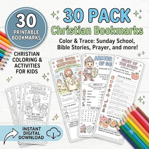 Può includere: Un pacchetto da 30 segnalibri cristiani stampabili per bambini con attività di colorazione e tracciamento. I segnalibri includono temi come Il Buon Pastore, l'Armatura di Dio e il Frutto dello Spirito con testo, cruciverba e illustrazioni.