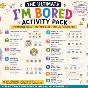 May include: The Ultimate I'm Bored Activity Pack features 12 printable pages with a choice board, jar cards, spinner wheel, mood picker, time-based activities, indoor and outdoor challenges, creative prompts, bucket lists, dice games, and trackers.