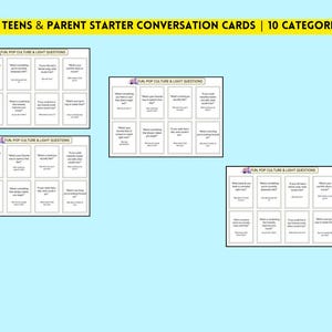 Pu&ograve; includere: Carte di conversazione per adolescenti e genitori, con 10 categorie di domande. Le carte sono bianche con testo nero e il titolo "FUN POP CULTURE & LIGHT QUESTIONS" &egrave; in cima a ogni carta. Lo sfondo &egrave; azzurro.
