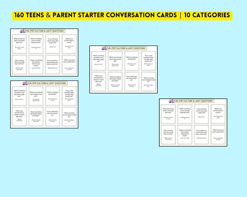 Pu&ograve; includere: Carte di conversazione per adolescenti e genitori, con 10 categorie di domande. Le carte sono bianche con testo nero e il titolo "FUN POP CULTURE & LIGHT QUESTIONS" &egrave; in cima a ogni carta. Lo sfondo &egrave; azzurro.