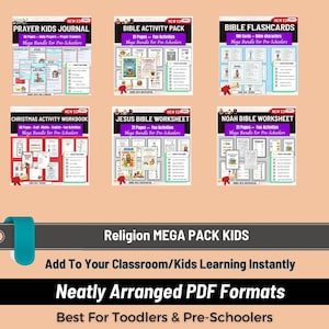religious mega pack for kids, bible activities for kids, christian worksheets for kids, kids prayer journal, christian flashcards, sunday school activities, bible festival activities, religious activity bundle,