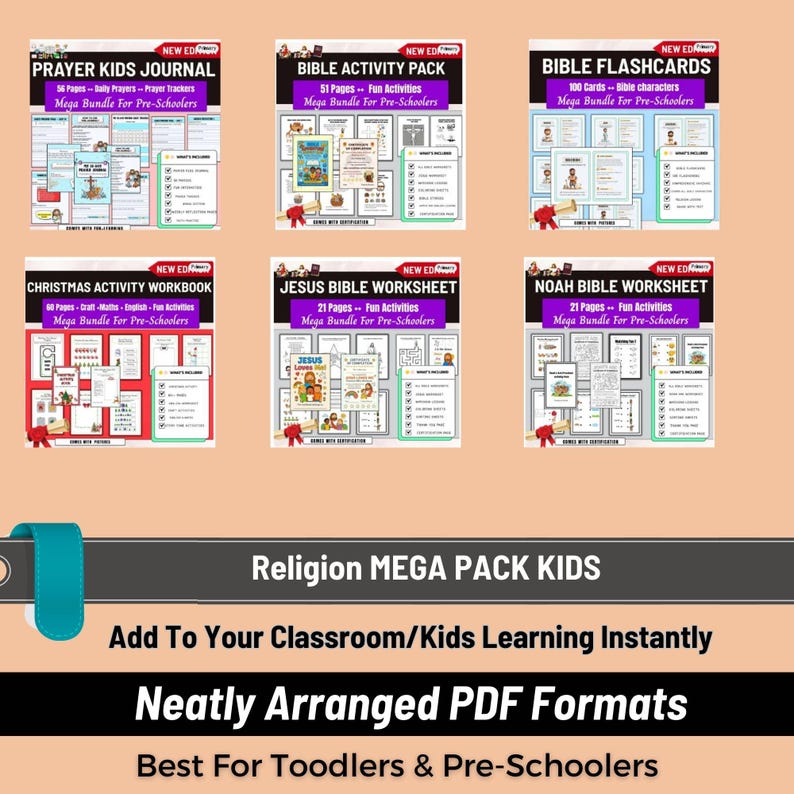 religious mega pack for kids, bible activities for kids, christian worksheets for kids, kids prayer journal, christian flashcards, sunday school activities, bible festival activities, religious activity bundle,