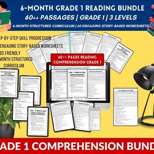 May include: A yellow background features a reading comprehension bundle for Grade 1. The bundle includes worksheets, a computer screen, and a stack of books. Text includes "6-MONTH GRADE 1 READING BUNDLE" and "GRADE 1 COMPREHENSION BUNDLE".