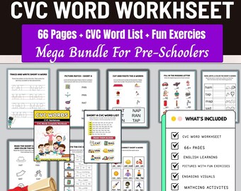 65+ Pages CVC Workbook,Learn to Read CVC Words,Phonics Card Printable,Kindergarten Reading, CVC Word Family,Kids Resources,Phonetic,Toddlers