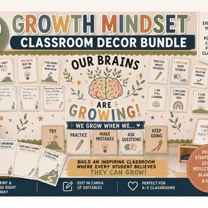 Kit de Decoração para Sala de Aula com Mentalidade de Crescimento, Pôsteres sobre Mentalidade de Crescimento, Pôsteres Positivos para a Sala de Aula, Cartões de Reflexão para Alunos, Decoração Imprimível para Professores