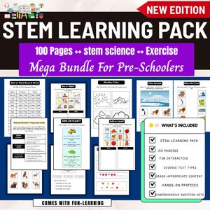 May include: A STEM learning pack for pre-schoolers with 100 pages of science exercises. The pack includes interactive activities, diverse text types, and hands-on practices. The image shows worksheets with topics like weather, animals, and sink or float.