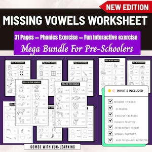 May include: A collection of black and white worksheets for pre-schoolers, featuring missing vowels exercises. The worksheets are part of a mega bundle and include 31 pages of phonics practice and interactive exercises. The image also includes a list of what's included.
