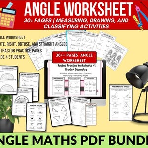 May include: A bundle of printable angle worksheets for Grade 4 students. The worksheets cover measuring, drawing, and classifying angles. The image includes a computer screen, a lamp, and a potted plant.