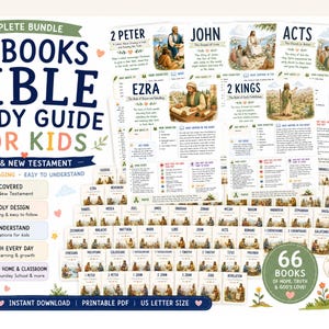 May include: A complete bundle of 66 Bible study guide pages for kids, featuring Old and New Testament summaries with illustrations. The text includes titles like 2 Peter, John, Acts, Ezra, and 2 Kings, with sections for main characters and key events.