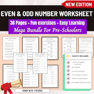 May include: A collection of worksheets for pre-school children, titled "EVEN & ODD NUMBER WORKSHEET." The pack includes exercises, picture activities, and hands-on tasks. The bundle contains 36+ pages and is designed for easy learning.