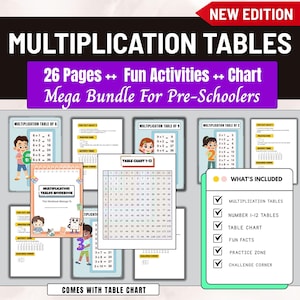 May include: A colorful educational bundle for pre-schoolers, featuring multiplication tables, fun activities, and charts. The image includes a workbook, table charts, and examples of multiplication problems. The text reads "Multiplication Tables" and "New Edition".