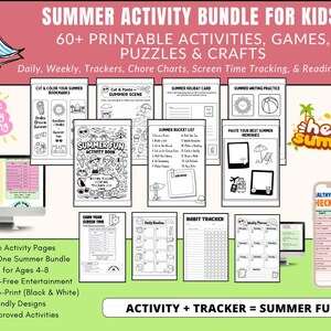 Paquete imprimible de 60 páginas con actividades de verano y registro para niños, actividades para campamentos de verano, páginas para colorear, juegos, laberintos, sopas de letras, descarga instantánea.