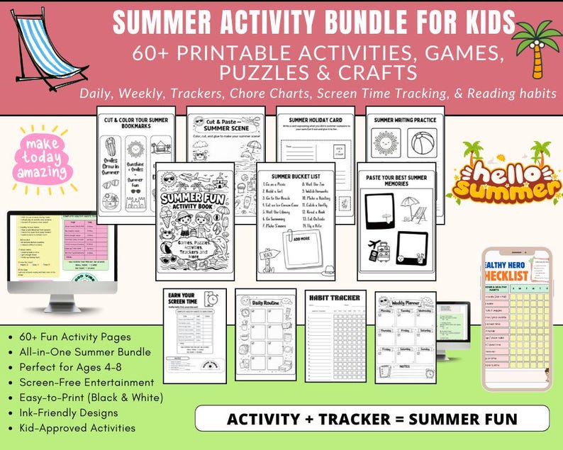 60 Page Printable Summer Activity Bundle & Tracker for Kis,summer Camp ...