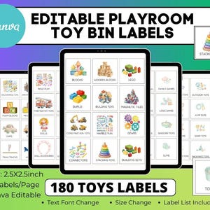 Könnte beinhalten: Digitale Spielzeugkisten-Etiketten für das Spielzimmer mit verschiedenen Spielzeugkategorien, darunter Blöcke, LEGO und Puppen. Die Etiketten sind mit Canva bearbeitbar und haben eine Größe von 6,35 cm x 6,35 cm, mit 12 Etiketten pro Seite. Das Set enthält 180 Etiketten.