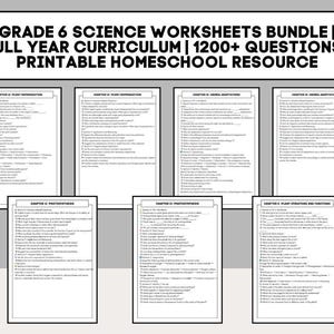 K&ouml;nnte beinhalten: Ein B&uuml;ndel von Arbeitsbl&auml;ttern f&uuml;r Naturwissenschaften der 6. Klasse. Der Titel lautet: Arbeitsbl&auml;tter-Paket Naturwissenschaften Klasse 6 | Ganzj&auml;hriger Lehrplan | &Uuml;ber 1200 Fragen | Druckbare Ressource f&uuml;r Homeschooling.
