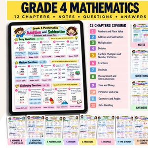 小学4年生向け算数ワークシート印刷可能セット、12の算数ユニット（解説、練習問題、解答付き）、ホームスクール向け算数教材デジタルダウンロード