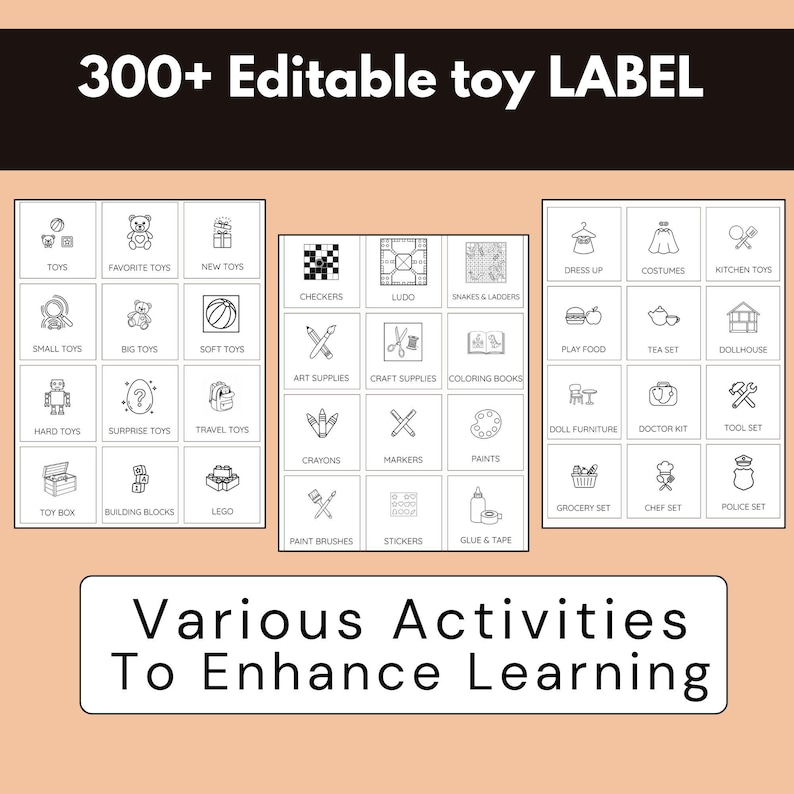 300 Editable Playroom Toy Bin Labels Canva Template,b&wkid Storage ...