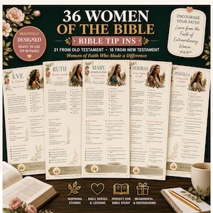 May include: A collection of 36 Women of the Bible tip-ins featuring portraits and biographical details of figures like Eve, Ruth, Mary, Deborah, and Priscilla. The cream-colored cards include text, floral accents, and headers on a dark green background.
