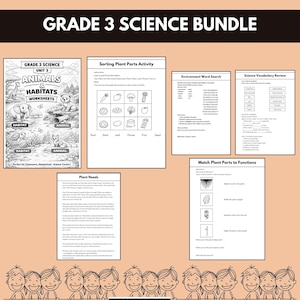 grade 3 science, 3rd grade science, science worksheets, science workbook, homeschool science, kids science, printable worksheets, science activities, science bundle, elementary science, learning printables, science pdf, classroom worksheets