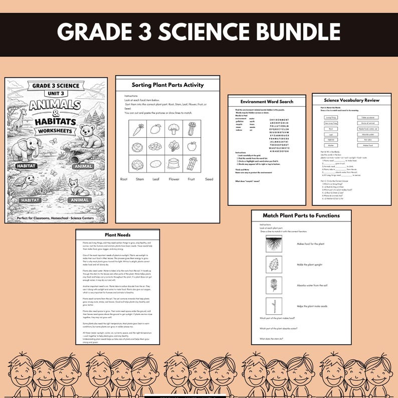 grade 3 science, 3rd grade science, science worksheets, science workbook, homeschool science, kids science, printable worksheets, science activities, science bundle, elementary science, learning printables, science pdf, classroom worksheets