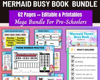 Mermaid Busy Book Preschoolers,toddler busy book,Printable Quiet Book ,Printable Busy Binder Activity,Toddler Learning,Prek Learning Binder