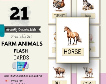 21 Farm Animals Flash Cards,Montessori Flash Card,educational Card,Preschool Printable Card,Farm Animals Cards for Toddlers,Animal Flashcard