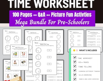 100Pages Telling Time Worksheet, Kindergarten,Reading Time,Telling Time Practice Sheets,Reading the Clock,Clock Worksheet,Learn to Tell Time