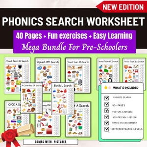 May include: A phonics search worksheet bundle for pre-schoolers. The bundle includes 40+ pages of fun exercises with a kid-friendly design. The worksheets cover various phonics topics, including vowel teams and digraphs. The image also includes the text "Comes with Pictures".