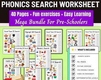 40+ Page Phonics Worksheets,Printable,Ispy Search phonics,Cvc,Diagraphs,Blends,Cvce,Vowel Teams,R Controlled Vowels,Kinder,First Grade print