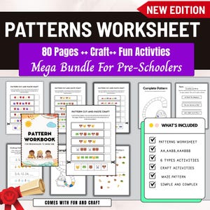 May include: A collection of pattern worksheets for preschoolers, featuring various activities like cut-and-paste, mazes, and craft projects. The bundle includes 80 pages of fun activities, with the text "PATTERNS WORKSHEET" and "Mega Bundle For Pre-Schoolers".