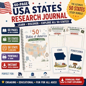 Könnte beinhalten: Ein 60-seitiges USA States Research Journal Lernpaket mit einem spiralgebundenen Arbeitsheft, das eine Karte der Vereinigten Staaten zeigt, sowie zwei Beispielkarten für Iowa und Pennsylvania und verschiedene Lernseiten zu allen 50 US-Bundesstaaten.