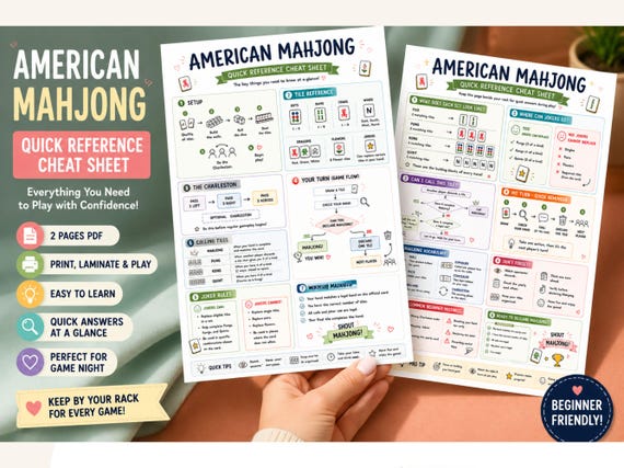 American Mahjong Quick Reference Guide Printable | Mahjong Cheat Sheet PDF | American Mahjong Rules | Beginner Mahjong Reference Card