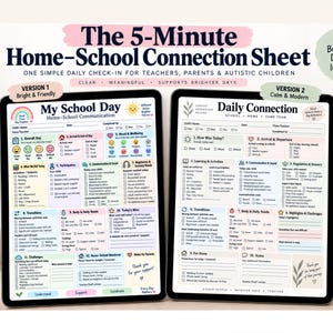 May include: Two digital tablets displaying printable home-school connection sheets titled The 5-Minute Home-School Connection Sheet, My School Day, and Daily Connection. The forms feature checkboxes, emoji scales, and sections for daily updates.