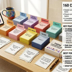 Pu&ograve; includere: Un set di Teen Conversation Starter Cards in vari colori, tra cui arancione, rosa, giallo e blu. Ogni pila &egrave; etichettata con argomenti come "Identit&agrave;" e "Immagine corporea". Il set include 160 carte ed &egrave; progettato per la discussione di gruppo.