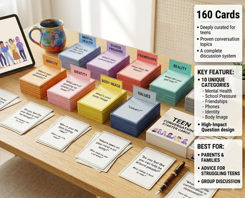 Pu&ograve; includere: Un set di Teen Conversation Starter Cards in vari colori, tra cui arancione, rosa, giallo e blu. Ogni pila &egrave; etichettata con argomenti come "Identit&agrave;" e "Immagine corporea". Il set include 160 carte ed &egrave; progettato per la discussione di gruppo.