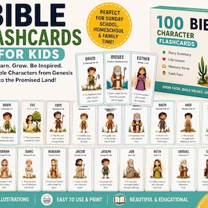 Può includere: Un set di 100 flashcard di personaggi biblici per bambini. Le carte presentano illustrazioni di figure bibliche come Adamo, Eva e Davide. Il set include un riassunto della storia, una lezione di vita, un versetto della memoria e un fatto di fede.
