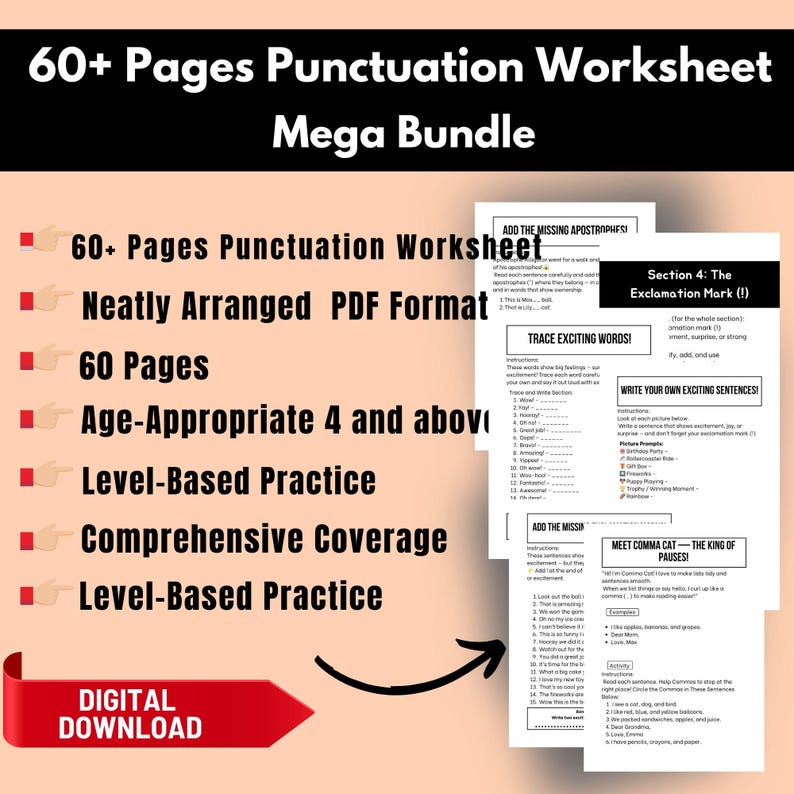 60pages Punctuation Worksheet,grammar Practice Printable,english