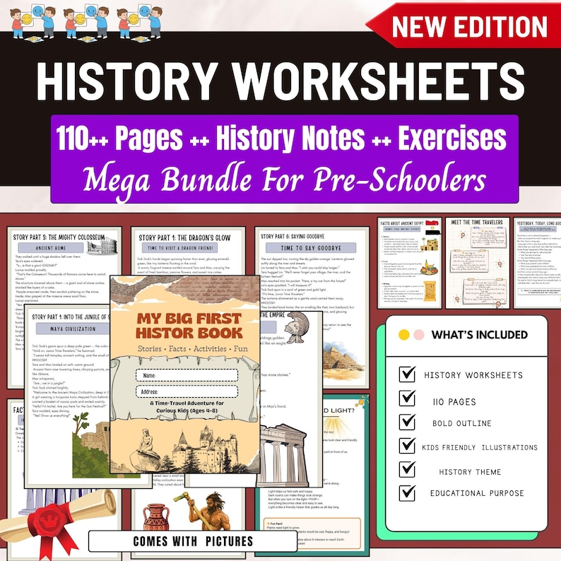 history worksheets kids, social studies worksheets, history workbook printable, world history activities, homeschool history bundle, elementary history worksheets, printable history pack, kids history lessons, history learning activities, history curriculum printable,
