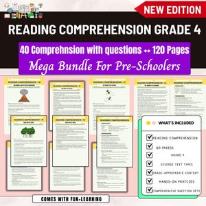 Könnte beinhalten: Ein Paket mit Leseverständnis-Materialien für Schüler der 4. Klasse. Auf dem Cover steht "READING COMPREHENSION GRADE 4" und "Mega Bundle For Pre-Schoolers". Enthält 120 Seiten mit verschiedenen Textarten und praktischen Übungen.