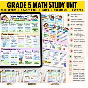 May include: A Grade 5 math study unit featuring 13 chapters of notes, questions, and answers. The digital tablet displays a whole numbers and place value worksheet, while printed pages show four operations and key vocabulary for math.