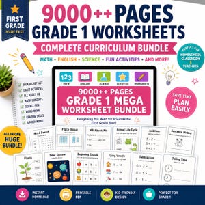 Grade 1 Mega Worksheet Bundle, Math, Literacy, Science Printables (9000+ Pages)